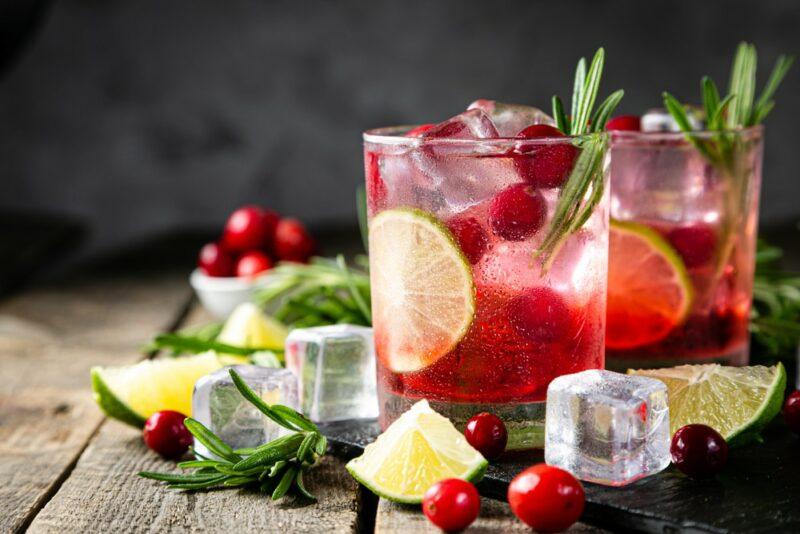 Two glasses of a cranberry gin cocktail, with ice, rosemary and fruit, with more pieces of ice and fruit scattered across the wooden table