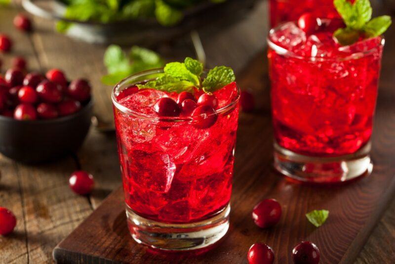 Two glasses of a cranberry cocktail called Evening in Kingston