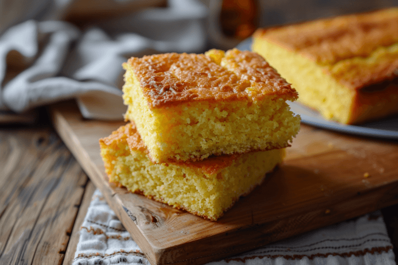 A wooden board with two stacked pieces of freshly made cornbread, plus a large piece of cornbread in the background.