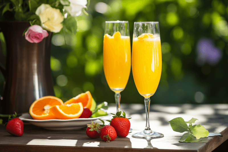 Two mimosas in flute glasses on a table with orange wedges and strawberries, with an out of focus garden in the background