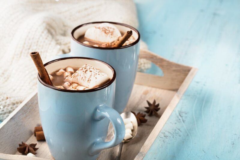 Two light blue mugs containing hot chocolate with marshmallows. Each has a stick of vanilla as well.