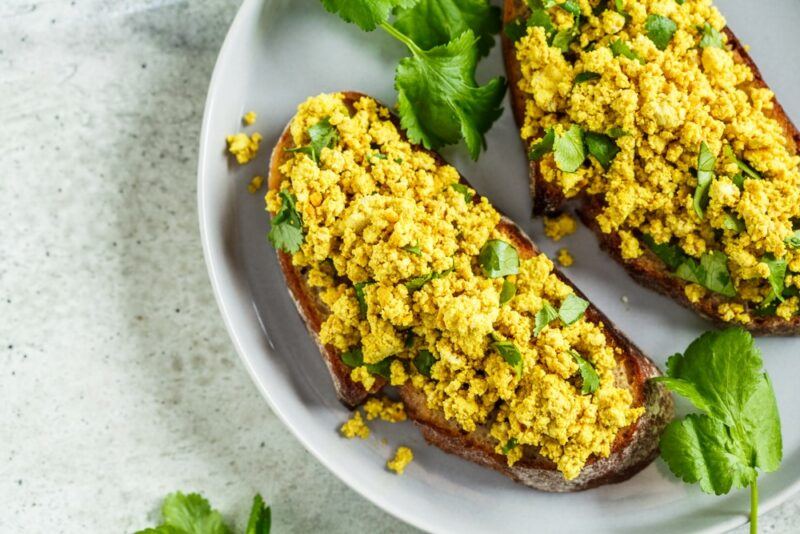 Two pieces of toast with tofu scramble