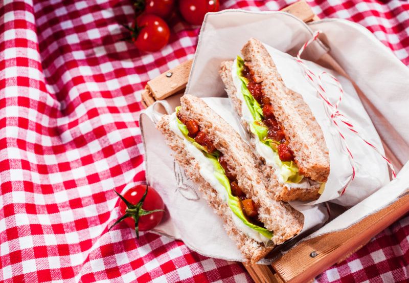 Two fresh sandwiches in a container on a red and white picnic mat