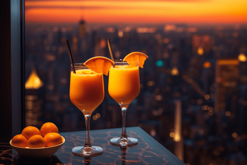 Two glasses containing a screwdriver cocktail, garnished with an orange wedge and a straw, in front of a cityscape