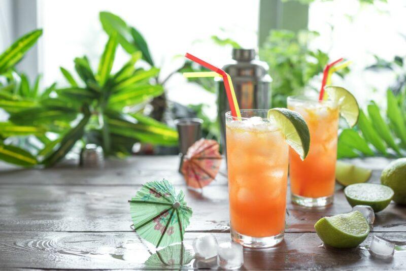 Two glasses of a zombie cocktail on a wooden table surrounded by plants