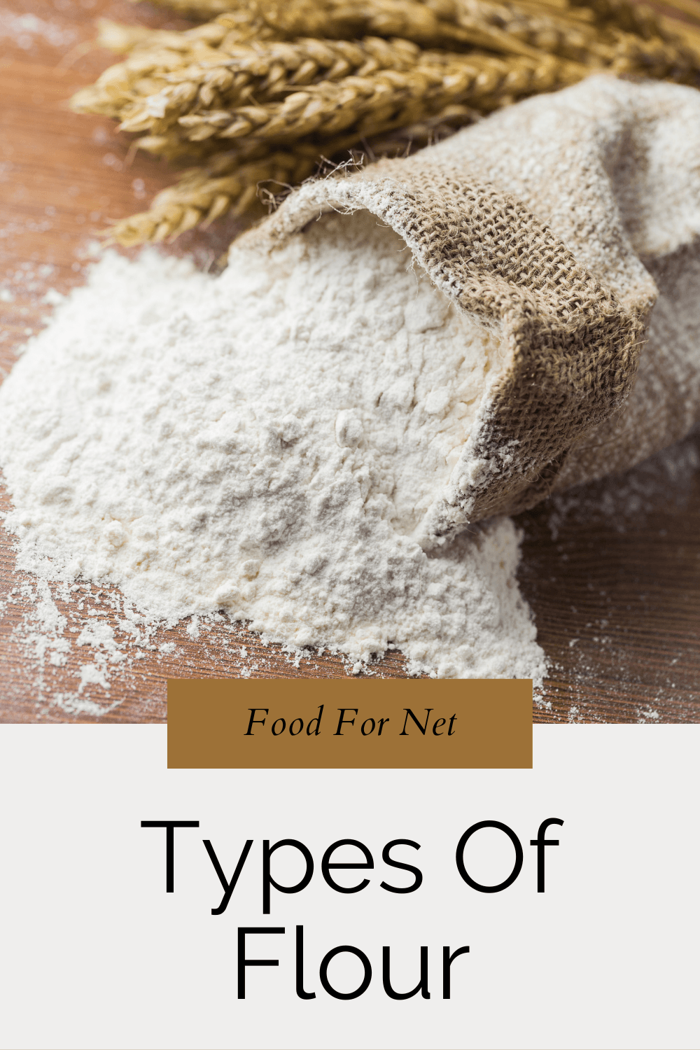 Flour spilling out of a bag, near the wheat grain, one of many different types of flour