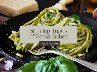 A large black dish of pasta noodles covered in pesto sauce, with text that talks about stunning types of pasta dishes