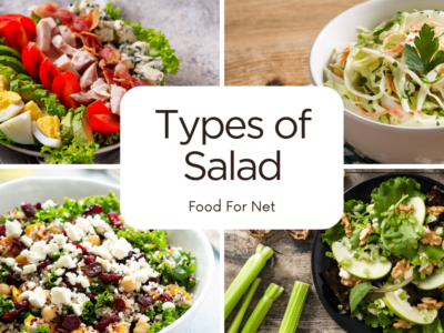 Four different types of salad, including cobb salad and Waldorf salad