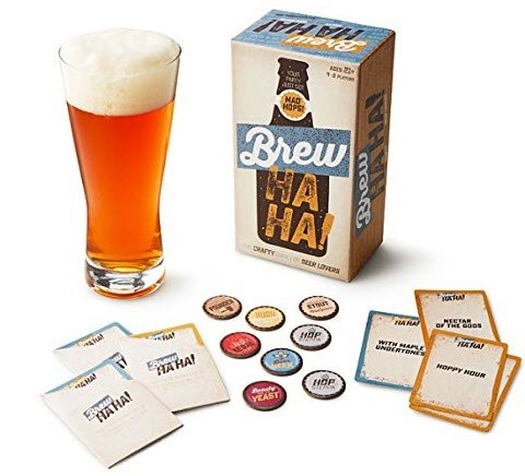 A game box, a mug of beer, various cards and tokens. 