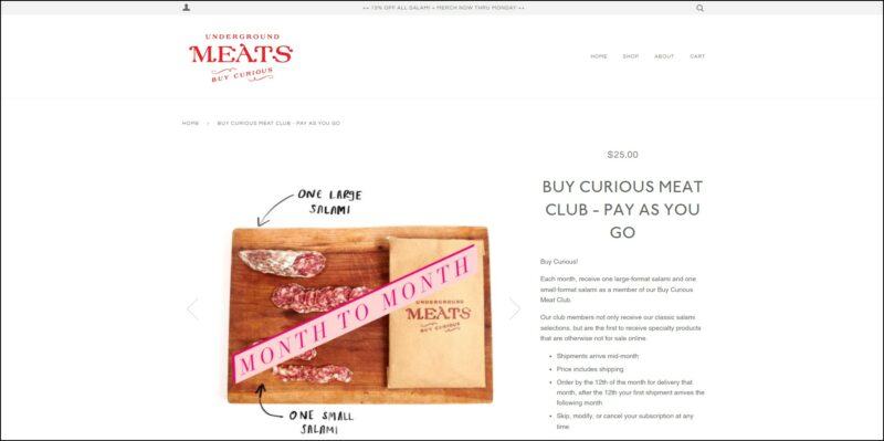 screenshot of Underground Meats Buy Curious Meat Club's web page, dominantly white in color with the website's name in red on top opposite the main menu, the page displays the details of the meat club subscription.