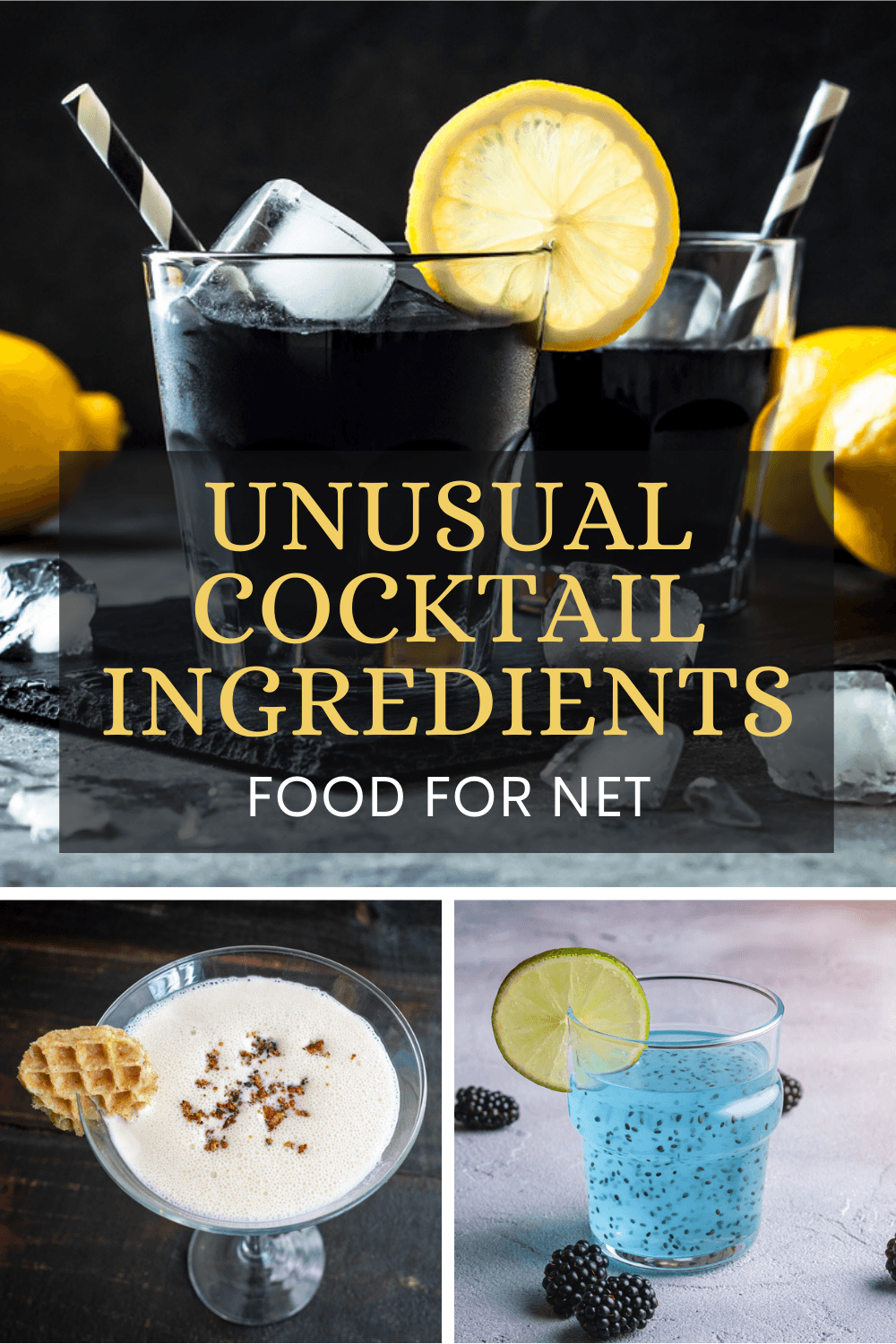 Three unusual cocktails, one that uses maple syrup, one with chia seeds, and one with squid ink