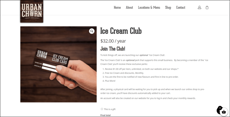 screenshot of Urban Churn Ice Cream Club's web page, dominantly white in color with brown website's logo on top along with the main navigation menu, in the main content area is the details of the ice cream club subscription accompanied by an image of a hand holding a membership card