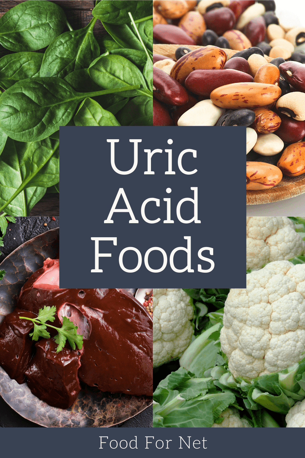 A selection of uric acid foods, including liver, cauliflower, spinach, and legumes