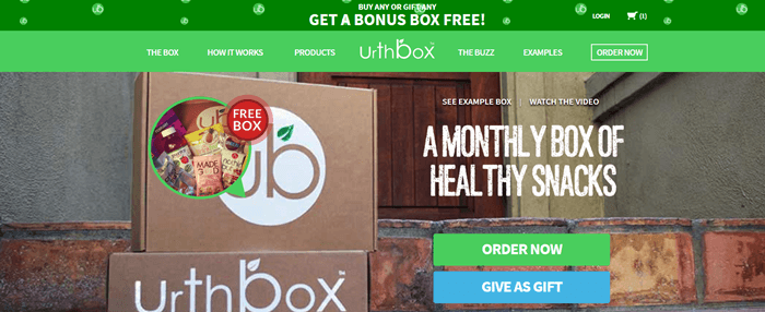 UrthBox website screenshot showing two boxes from the company against a brick doorstep.