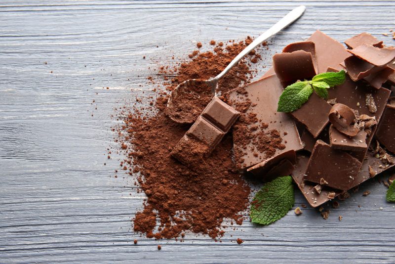 Various squares of milk chocolate on a table, along with a few leaves and some cocoa powder