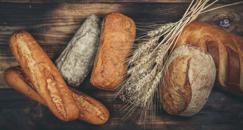 Various types of fresh bread on a wooden table with some wheat