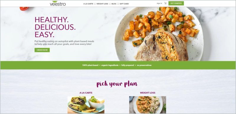 screenshot of Veestro homepage with beautifully plated meals