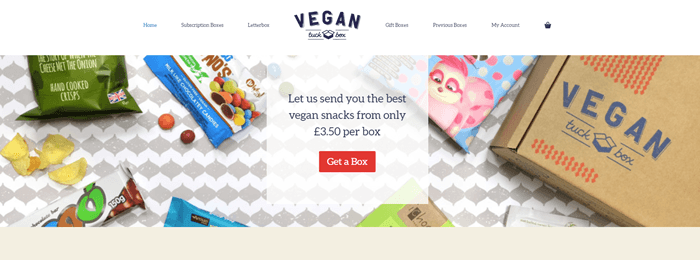 Vegan Tuck Box website screenshot showing various products and a box against a gray and white background. 