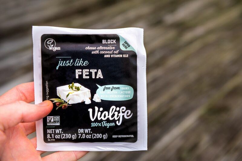 A package of vegan feta cheese