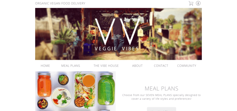 Veggie Vibes website screenshot showing some of their juices, sides and entrees.