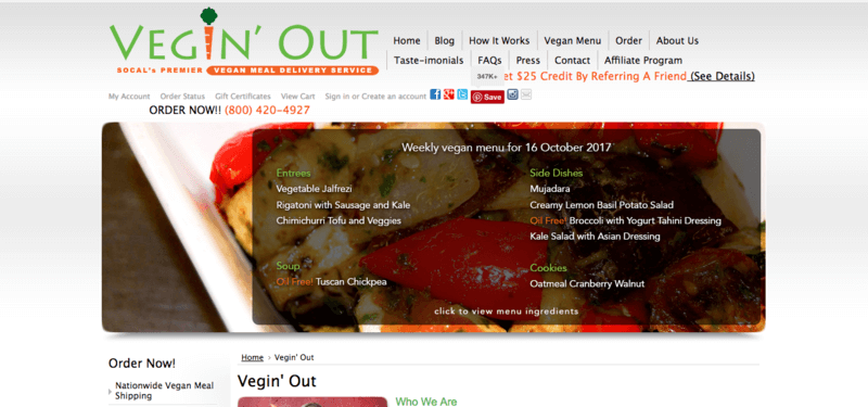 Vegin' Out Website Screenshot showing a plate of roast veggies with the menu overlaid. 