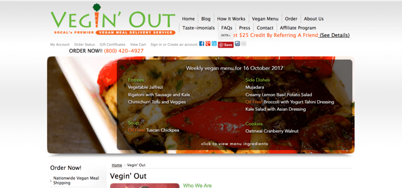 Vegin' Out Website Screenshot showing a plate of roasted vegetables with the menu overlaid