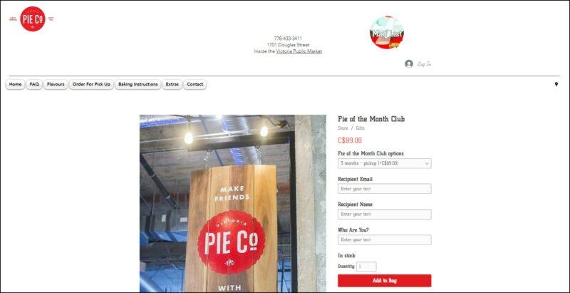 screenshot of Victoria Pie Co. Pie of the Month Club's webpage, dominantly white page with the company's logo on top, underneath it is the main menu, the page displays the details of the pie subscription accompanied with an image of the company's store logo on a hanging wooden board