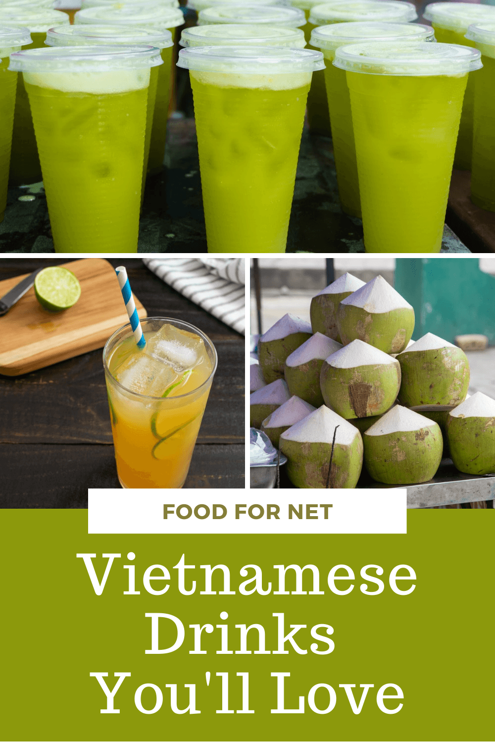 A selection of Vietnamese drinks, including sugar cane, coconut water, and iced tea