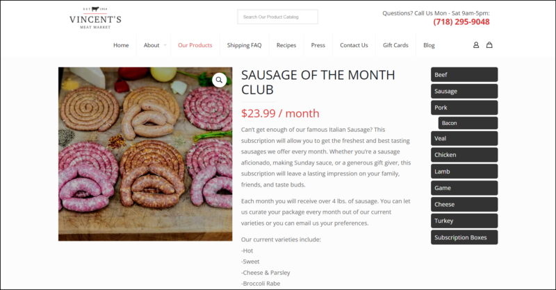 screenshot of Vincent's Meat Market Sausage of the Month Club's web page, dominantly white page with the website's name on top followed by the main navigational menu, the page displays the details of the club subscription.