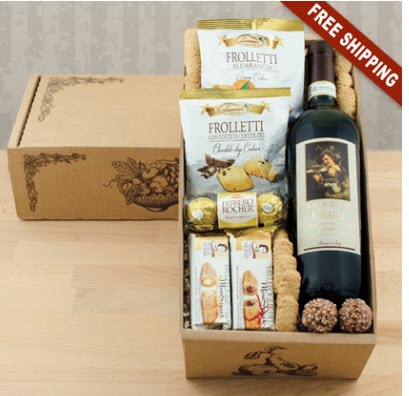 A wooden box with wine, cookies and chocolate