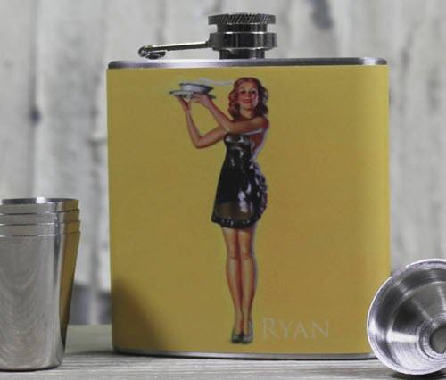 Vintage Pinup Personalized Flask | Food For Net Yellow flask with a vintage pinup girl image