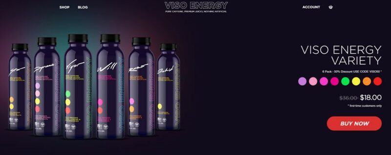 Bottles of Viso Energy Drink on the company's website against a dark background