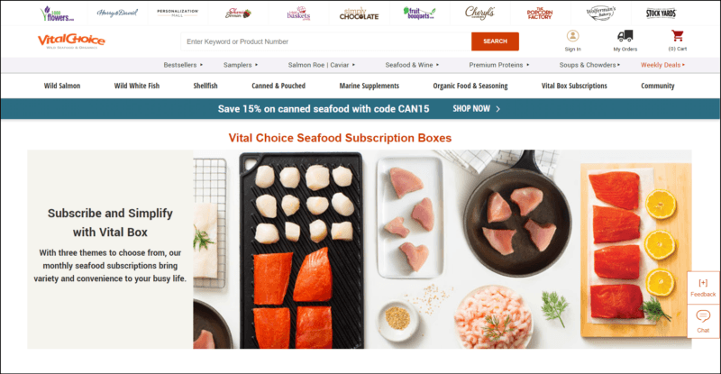 screenshot of Vital Choice Seafood Subscription Boxes' web page, with the website's name/logo on top followed by navigation menu, the main content area shows the details of the seafood subscription accompanied by images of different seafood