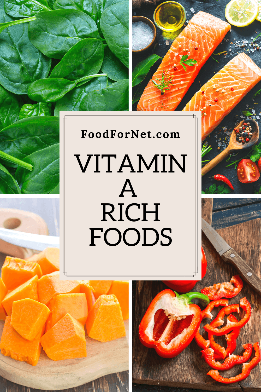 A selection of vitamin A rich foods, including spinach, salmon, pumpkin and red peppers