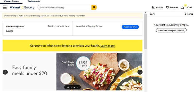 Walmart Grocery Website Screenshot showing an image of food and various menus