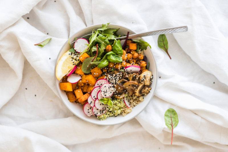 A delicious protein bowl on a white cloth