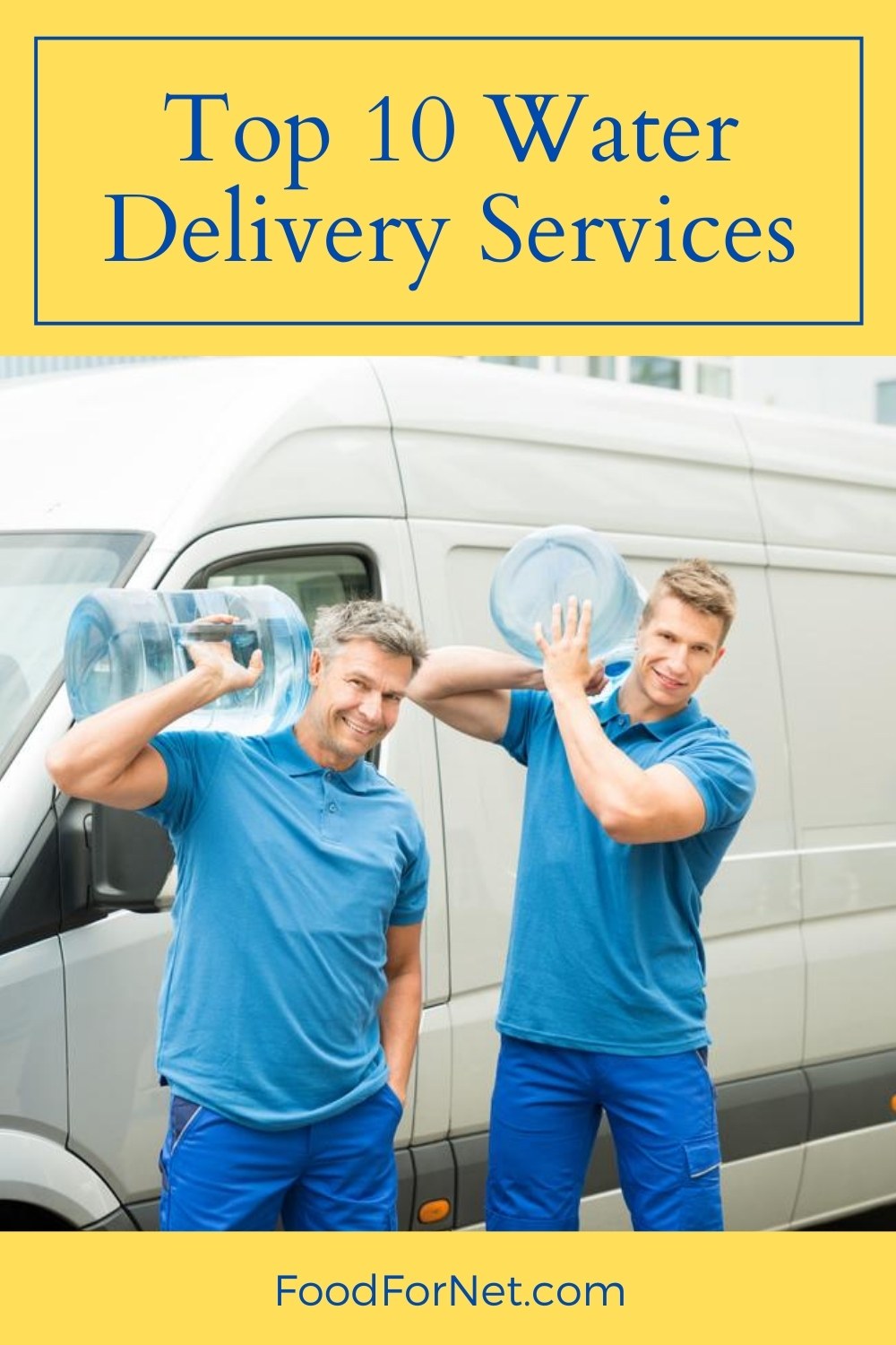 two men with family company delivery 5-gallon jugs of water as part of a water delivery service