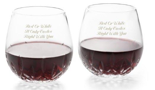 Waterford Lismore Nouveau Red Wine Glasses | Food For Net Two glasses of red wine with golden engraved text