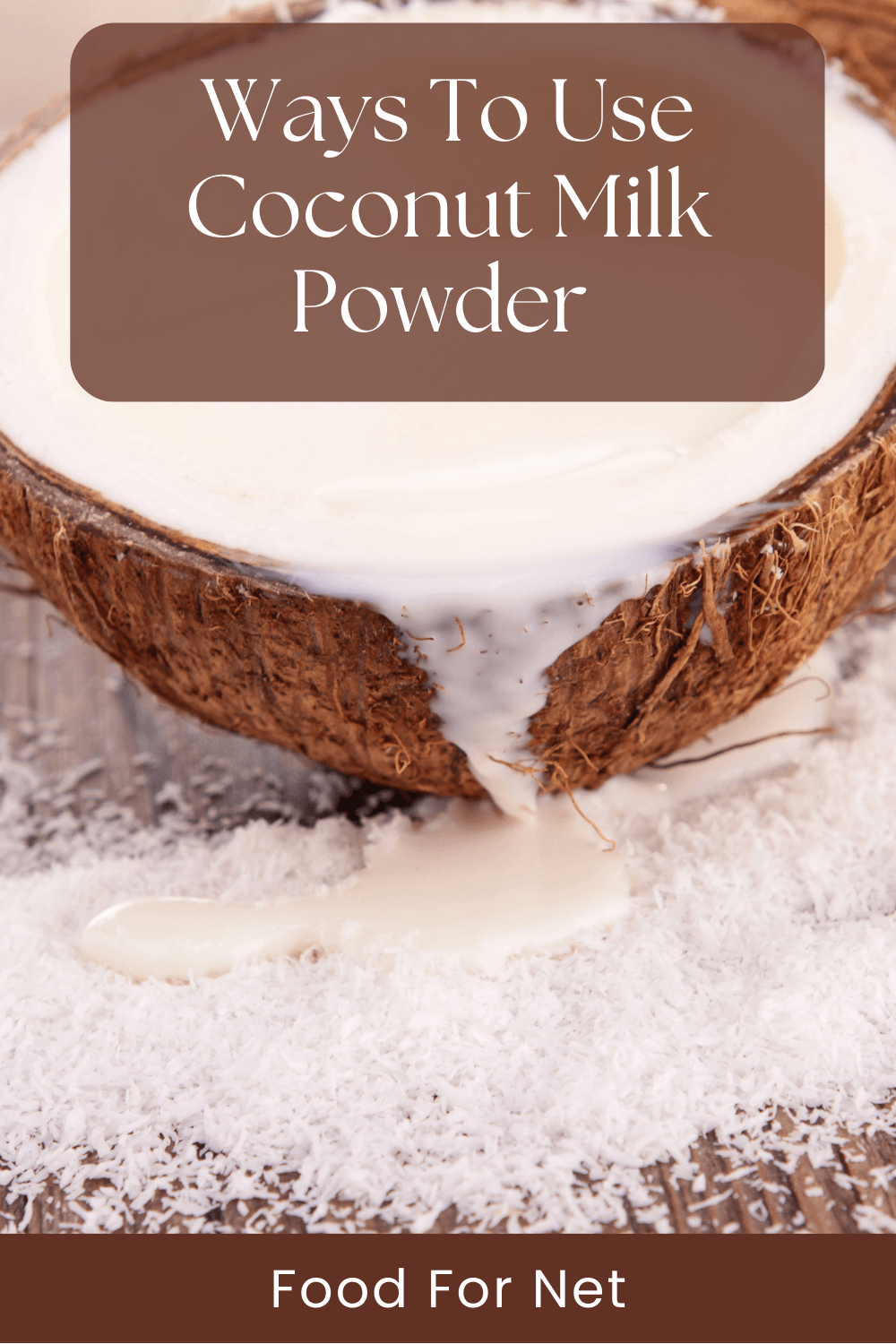 Coconut milk pouring out of a coconut onto coconut milk powder