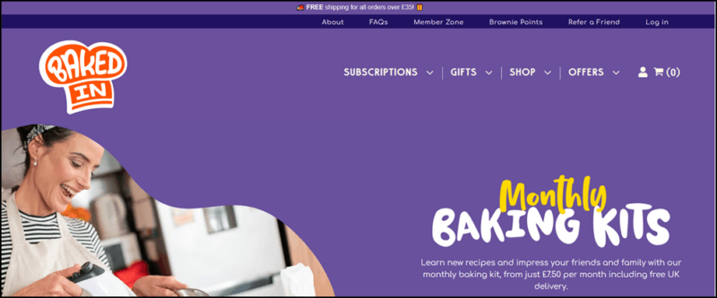 A purple website from Baked In, with an image of someone baking