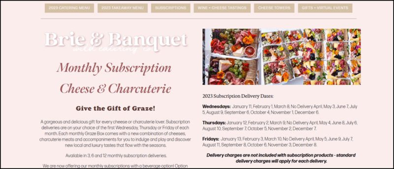 A selection of fruit, meat, and cheese on boards, on the website from Brie and Banquet