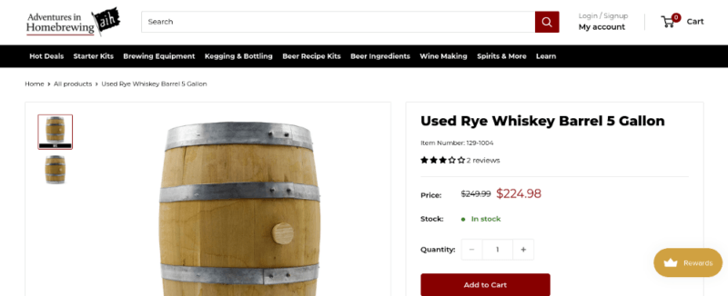 A website screenshot from Adventures in Homebrewing, showing a whiskey barrel against a white background with text