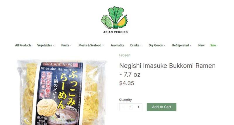 A website screenshot from Asian Veggies with packets of ramen noodles against a white background