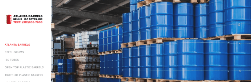 A website screenshot from Atlanta Barrels showing many blue barrels in a warehouse