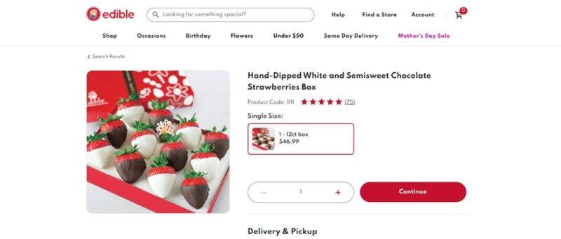 A website screenshot from Edible, showing a box of strawberries that are dipped in dark and white chocolate