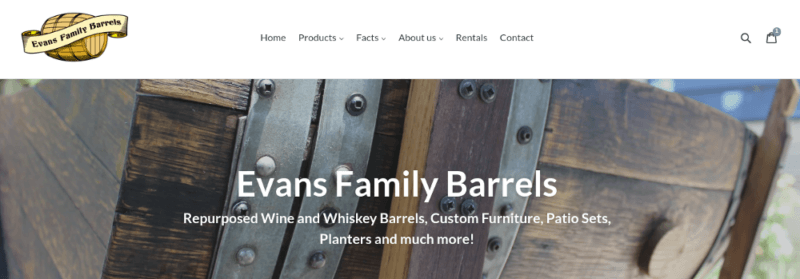 A website screenshot from Evans Family Barrels, showing a close image of some barrels