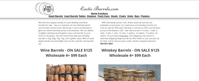 A website screenshot from Exotic Barrels.com showing plenty of text and some images with collections of barrels