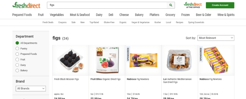 A website screenshot from Fresh Direct, showing various packages of figs against a white background