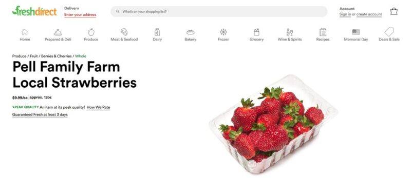 A website screenshot from Fresh Direct, showing a container of strawberries isolated on white, plus details about the strawberries and menu links