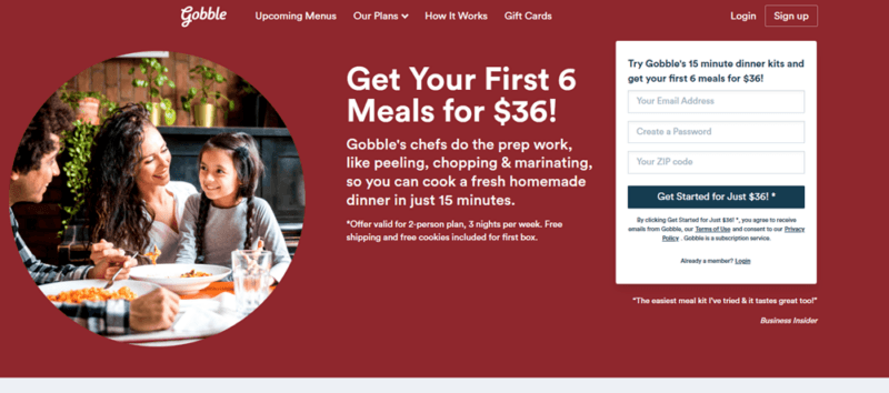 screenshot of Gobble homepage with a maroon background, showing an image of a young family, plus text talking about getting your first 6 meals for 